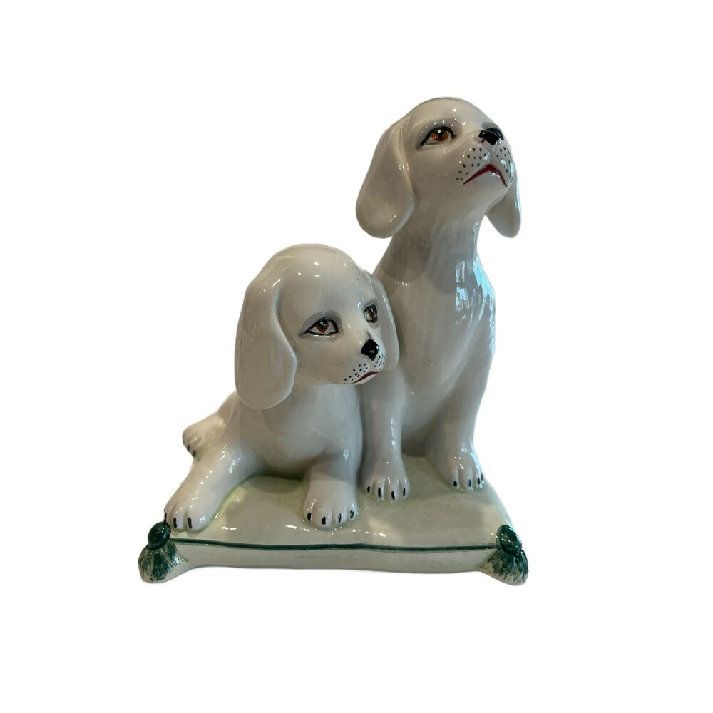 Vintage Majolica Two Dogs Figurine Ceramic Spaniel Glazed Statue